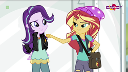 Size: 1136x640 | Tagged: safe, edit, edited screencap, editor:/d/non, screencap, starlight glimmer, sunset shimmer, equestria girls, equestria girls specials, g4, my little pony equestria girls: mirror magic, beanie, clothes, clothes swap, dress, duo, female, hat, jacket, jewelry, necklace, pants, ripped pants, shoulder bag, teletoon