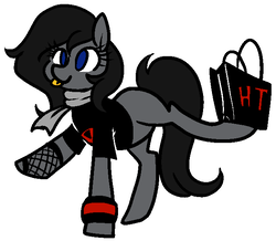 Size: 659x574 | Tagged: safe, artist:/d/non, oc, oc only, earth pony, pony, 4chan, :p, blank flank, clothes, drawthread, female, fishnet stockings, hot topic, scarf, shirt, shopping bag, simple background, solo, tongue out, white background