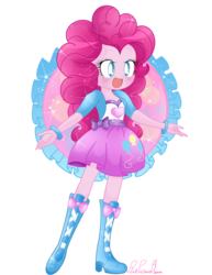 Size: 1280x1656 | Tagged: safe, artist:pinkprincessblossom, pinkie pie, equestria girls, g4, boots, clothes, cute, diapinkes, female, happy, high heel boots, looking at you, moe, open mouth, signature, simple background, skirt, smiling, solo, transparent background