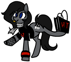 Size: 659x574 | Tagged: safe, artist:/d/non, oc, oc only, earth pony, pony, 4chan, :p, clothes, drawthread, female, fishnet stockings, hot topic, scarf, shirt, shopping bag, simple background, solo, tongue out, white background