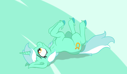 Size: 2496x1467 | Tagged: safe, artist:paskanaakka, derpibooru exclusive, lyra heartstrings, pony, unicorn, g4, abstract background, chest fluff, colored hooves, ear fluff, female, horses doing horse things, lying down, on back, solo, unshorn fetlocks