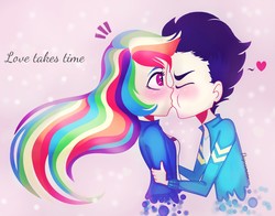 Size: 1652x1296 | Tagged: safe, artist:dagnesmoon, rainbow dash, soarin', human, g4, humanized, kissing, male, ship:soarindash, shipping, straight