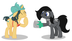 Size: 1267x730 | Tagged: artist needed, safe, fresh coat, oc, earth pony, pony, unicorn, g4, 4chan, ^^, apron, backwards ballcap, baseball cap, cap, clothes, cute, drawthread, eyes closed, female, floppy ears, frown, hair bun, hat, laughing, mare, paint, paint can, raised hoof, scarf, simple background, transparent background