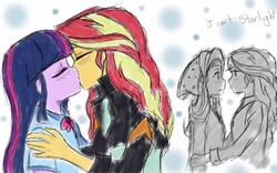 Size: 2560x1600 | Tagged: safe, artist:angeltorchic, starlight glimmer, sunset shimmer, twilight sparkle, alicorn, equestria girls, g4, beanie, clothes, eyes closed, female, hat, kissing, lesbian, looking at each other, monochrome, rejection, ship:sunsetsparkle, shipping, shipping denied, smiling, twilight sparkle (alicorn)