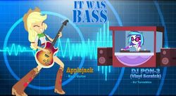 Size: 637x350 | Tagged: artist needed, safe, artist:abtoons, artist:haleyc4629, edit, applejack, dj pon-3, vinyl scratch, a case for the bass, equestria girls, g4, bass guitar, clothes, cowgirl, dj turnables, earthquake, eyes closed, freckles, gimp, guitar, hat, inspiration, it was bass, jamming out, music video, musical instrument, musician, parody, poster, questionable source, remix, schmoyoho, sunglasses, thought it was an earthquake