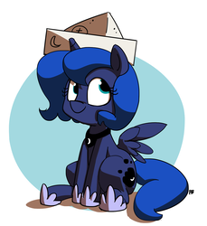 Size: 1280x1395 | Tagged: safe, artist:pabbley, princess luna, alicorn, pony, moonstuck, g4, cartographer's cap, cute, female, filly, hat, sitting, solo, spread wings, wings, woona, younger