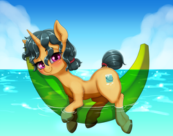 Size: 1736x1361 | Tagged: safe, artist:dankflank, fresh coat, pony, unicorn, g4, 4chan, banana, banana boat, blushing, cute, drawthread, female, floating, floaty, food, hair bun, inflatable, lidded eyes, looking at you, mare, pool toy, smiling, solo, water