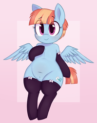 Size: 906x1136 | Tagged: safe, artist:toroitimu, windy whistles, pegasus, pony, g4, belly button, child bearing hips, clothes, female, mare, pubic fluff, pubic mound, smiling, solo, spread wings, stockings, thigh highs, wide hips, wings