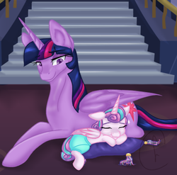 Size: 480x475 | Tagged: safe, artist:kittentube, princess flurry heart, twilight sparkle, alicorn, pony, g4, aunt and niece, auntie twilight, baby, baby pony, cute, diaper, eyes closed, pillow, signature, sleeping, twilight is bae, twilight sparkle (alicorn), twilight's castle