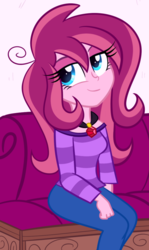 Size: 535x895 | Tagged: dead source, safe, artist:wubcakeva, oc, oc only, oc:contralto, equestria girls, g4, clothes, disguised siren, equestria girls-ified, jewelry, lidded eyes, pendant, sitting, smiling, solo