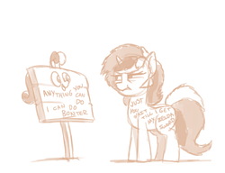 Size: 1280x985 | Tagged: safe, artist:docwario, bon bon, sweetie drops, oc, oc:sign, pony, unicorn, g4, anything you can do, askblankbon, body writing, female, looking at each other, monochrome, pun, sign, simple background, squint, transformation, white background