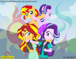 Size: 1477x1151 | Tagged: safe, artist:conikiblasu-fan, starlight glimmer, sunset shimmer, human, pony, unicorn, equestria girls, equestria girls specials, g4, my little pony equestria girls: mirror magic, beanie, clothes, cross counter, fight, hat, hilarious in hindsight, human ponidox, out of character, punch, self ponidox, sunset vs starlight, sunset vs starlight debate
