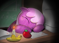 Size: 1499x1091 | Tagged: safe, artist:coloringrainclouds, cheerilee, earth pony, pony, g4, apple, candle, female, food, paper, safepony, sleeping, solo