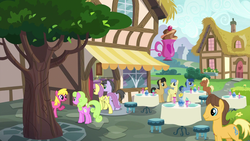 Size: 1920x1080 | Tagged: safe, screencap, blues, caramel, cherry berry, cherry cola, cherry fizzy, daisy, flower wishes, goldengrape, meadow song, noteworthy, parasol, rainbow swoop, sir colton vines iii, spectrum, earth pony, pegasus, pony, a flurry of emotions, g4, animation error, female, male, mare, miscolored tail, stallion, wrong tail