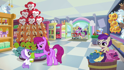 Size: 1920x1080 | Tagged: safe, screencap, berry punch, berryshine, plum star, princess flurry heart, spike, star swirl the bearded, titania, twilight sparkle, wildflower wishes, alicorn, butterfly, chicken, dragon, jackalope, manticore, monkey, parasprite, pony, raccoon, tortoise, ursa minor, a flurry of emotions, g4, 5-year-old, balloon, castle, plushie, shopping cart, store, toy, toy store, train, twilight sparkle (alicorn), wagon
