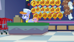 Size: 1920x1080 | Tagged: safe, screencap, wildflower wishes, earth pony, parasprite, pony, a flurry of emotions, g4, my little pony: friendship is magic, bored, cash register, cashier, female, hat, mare, plushie, solo, toy store