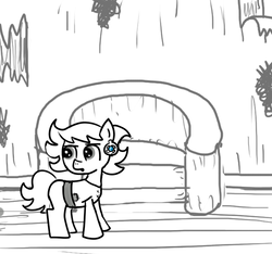 Size: 640x600 | Tagged: safe, artist:ficficponyfic, oc, oc only, oc:ruby rouge, earth pony, pony, colt quest, belt, child, clothes, couch, ear piercing, earring, female, filly, foal, jewelry, monochrome, piercing, solo, story included