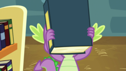 Size: 1920x1080 | Tagged: safe, edit, edited screencap, screencap, spike, dragon, a flurry of emotions, g4, book, male, ponyville schoolhouse, solo, template