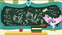 Size: 1920x1080 | Tagged: safe, screencap, princess flurry heart, spike, twilight sparkle, alicorn, dragon, pony, a flurry of emotions, g4, apple, baby, book, chalk, chalk drawing, chalkboard, diaper, female, flurry art, flurry heart's chalkboard, food, meme origin, princess flurry smart, school, solo, twilight sparkle (alicorn)