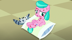 Size: 1920x1080 | Tagged: safe, screencap, aquamarine, pony, raccoon, a flurry of emotions, g4, horsey hives, pillow, plushie, solo