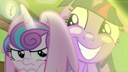 Size: 1920x1080 | Tagged: safe, screencap, princess flurry heart, twilight sparkle, alicorn, pony, a flurry of emotions, g4, angry, aunt and niece, floppy ears, flurry heart is not amused, force field, grin, magic, magic bubble, out of context, ponyville hospital, shield, smiling, twilight sparkle (alicorn), unamused