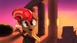 Size: 2870x1614 | Tagged: safe, artist:aaronmk, sunset shimmer, pony, g4, clothes, female, gun, kurdistan, rifle, ruins, solo, sun, sunset, weapon