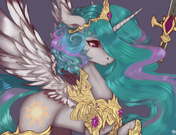 Size: 3000x2300 | Tagged: safe, artist:alicetam, princess celestia, alicorn, pony, g4, armor, detailed, female, hair over one eye, high res, mare, solo, spread wings, warrior celestia, wings