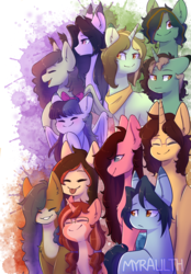 Size: 1600x2293 | Tagged: safe, artist:myralilth, oc, oc only, oc:ardea, oc:aster, oc:citrus, oc:evening star, oc:fawn, oc:fialka, oc:kai, oc:lilac, oc:mossy, oc:quiyl, oc:ruby swift, earth pony, pegasus, pony, unicorn, disguised siren, eyes closed, female, glasses, mare, smiling, tongue out, transgender