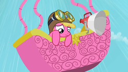 Size: 1280x720 | Tagged: safe, screencap, cherry berry, pony, g4, the mysterious mare do well, falling, female, goggles, hot air balloon, looking down, megaphone, solo, the onion, twinkling balloon