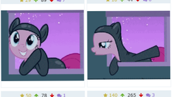 Size: 465x262 | Tagged: safe, screencap, pinkie pie, earth pony, pony, derpibooru, g4, it's about time, breaking the fourth wall, clothes, cropped, female, juxtaposition, mare, meta, screenshots, skinsuit, sneaking suit, solo, stealth suit