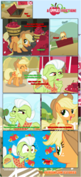 Size: 1919x4225 | Tagged: safe, artist:estories, applejack, granny smith, bee, pony, comic:a(pple)ffection, g4, apple, comic, dialogue, food, high res, innuendo
