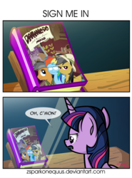 Size: 1675x2268 | Tagged: safe, artist:zsparkonequus, daring do, quibble pants, rainbow dash, twilight sparkle, alicorn, pony, g4, stranger than fan fiction, 2 panel comic, book, comic, dialogue, faic, female, mare, me gusta, silly face, speech bubble, twilight sparkle (alicorn)