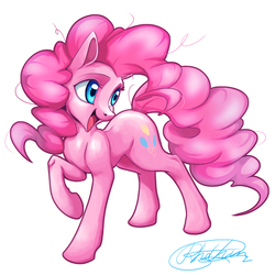 Size: 1772x1772 | Tagged: safe, artist:icerrhythm, pinkie pie, earth pony, pony, g4, female, looking back, mare, open mouth, raised hoof, simple background, solo