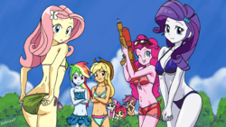 Size: 1280x720 | Tagged: safe, artist:leone di cielo, apple bloom, applejack, fluttershy, pinkie pie, rainbow dash, rarity, scootaloo, sweetie belle, human, equestria girls, g4, ass, beach, belly button, bikini, blue bikini, breasts, busty rarity, butt, camera, cleavage, clothes, cutie mark crusaders, delicious flat chest, female, flattershy, flutterbutt, goggles, humane five, looking at you, midriff, summer, swimming goggles, swimsuit, watergun
