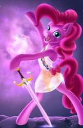 Size: 4400x6800 | Tagged: safe, artist:althyra-nex, part of a set, pinkie pie, earth pony, pony, g4, absurd resolution, bipedal, female, knights of harmony, nebula, part of a series, smiling, solo, sword, weapon