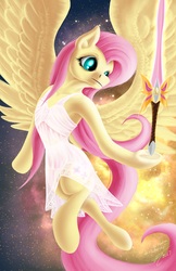 Size: 4400x6800 | Tagged: safe, artist:althyra-nex, part of a set, fluttershy, pony, g4, absurd resolution, clothes, dress, female, knights of harmony, part of a series, solo, space, sword, weapon