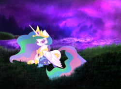 Size: 1976x1458 | Tagged: safe, artist:miniaru, princess celestia, alicorn, pony, g4, crown, dusk, female, filly, hug, jewelry, night, peytral, plushie, prone, regalia, solo, winghug