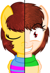 Size: 518x763 | Tagged: source needed, safe, artist:eddigitalcola, pegasus, pony, base used, chara, female, filly, frisk, looking at you, ponified, simple background, smiling, smiling at you, two sides, undertale, white background