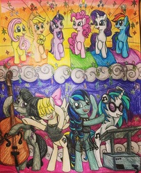 Size: 640x790 | Tagged: artist needed, dead source, safe, applejack, coloratura, dj pon-3, fluttershy, octavia melody, pinkie pie, rainbow dash, rarity, songbird serenade, twilight sparkle, vinyl scratch, alicorn, earth pony, pegasus, pony, unicorn, all bottled up, g4, my little pony: the movie, applejack's hat, best friends until the end of time, bipedal, cello, cowboy hat, female, glasses, hat, headphones, instagram, mane six, musical instrument, sia (singer), singing, the magic inside, traditional art, turntable, twilight sparkle (alicorn)