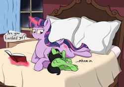 Size: 1294x909 | Tagged: safe, artist:crownhound, twilight sparkle, oc, oc:filly anon, alicorn, earth pony, pony, g4, bed, bedroom, book, breastfeeding, dialogue, female, filly, glasses, horses doing horse things, levitation, magic, mama twilight, mare, nonsexual nursing, nursing, pillow, suckling, telekinesis, twilight sparkle (alicorn)