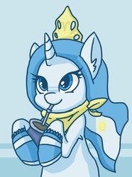 Size: 528x710 | Tagged: safe, artist:plunger, oc, oc only, oc:princess argenta, alicorn, pony, 4chan, argentina, clothes, crown, cup, cute, drawthread, drinking, flag, hoof hold, jewelry, mate, nation ponies, neckerchief, ponified, regalia, shoes, smiling, solo, straw