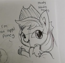 Size: 1137x1117 | Tagged: safe, artist:tjpones, applejack, earth pony, pony, g4, apple, appul, female, food, howdy, simple background, sketch, solo