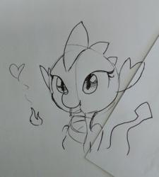 Size: 1165x1296 | Tagged: safe, artist:tjpones, spike, dragon, g4, barb, fire, heart, lineart, rule 63, sketch, solo, traditional art