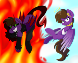 Size: 3739x3000 | Tagged: safe, artist:befishproductions, oc, oc only, oc:befish, angel, devil, pegasus, pony, clothes, duality, female, high res, jacket, leather jacket, mare, signature, solo