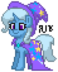 Size: 230x285 | Tagged: safe, artist:radical user 76, trixie, pony, unicorn, pony town, g4, cape, clothes, female, hat, simple background, smiling, solo, trixie's cape, trixie's hat, white background