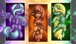 Size: 1515x877 | Tagged: safe, artist:calena, dear darling, fond feather, swoon song, earth pony, pegasus, pony, unicorn, g4, hard to say anything, bimbettes, eyes closed, female, heart, mare, smiling, trio, trio female, underhoof