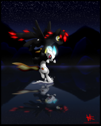 Size: 2520x3136 | Tagged: safe, artist:unitoone, oc, oc only, oc:star fighter, pegasus, pony, clothes, flying, high res, jacket, lake, night, reflection, stars, water