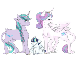 Size: 1024x834 | Tagged: safe, artist:uniquecolorchaos, princess flurry heart, oc, oc:crystal starlight, oc:shimmering lance, alicorn, pony, unicorn, g4, colt, female, foal, male, mare, offspring, parent:princess cadance, parent:shining armor, parents:shiningcadance, siblings, simple background, white background