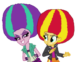 Size: 1005x795 | Tagged: safe, artist:ktd1993, aria blaze, sunset shimmer, equestria girls, g4, afro, alternate hairstyle, female, lesbian, shipping, sunblaze