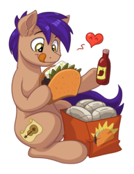 Size: 2550x3300 | Tagged: safe, artist:latecustomer, oc, oc only, earth pony, pony, bag, commission, food, heart, high res, hot sauce, male, simple background, sitting, smiling, solo, stallion, taco, tongue out, transparent background
